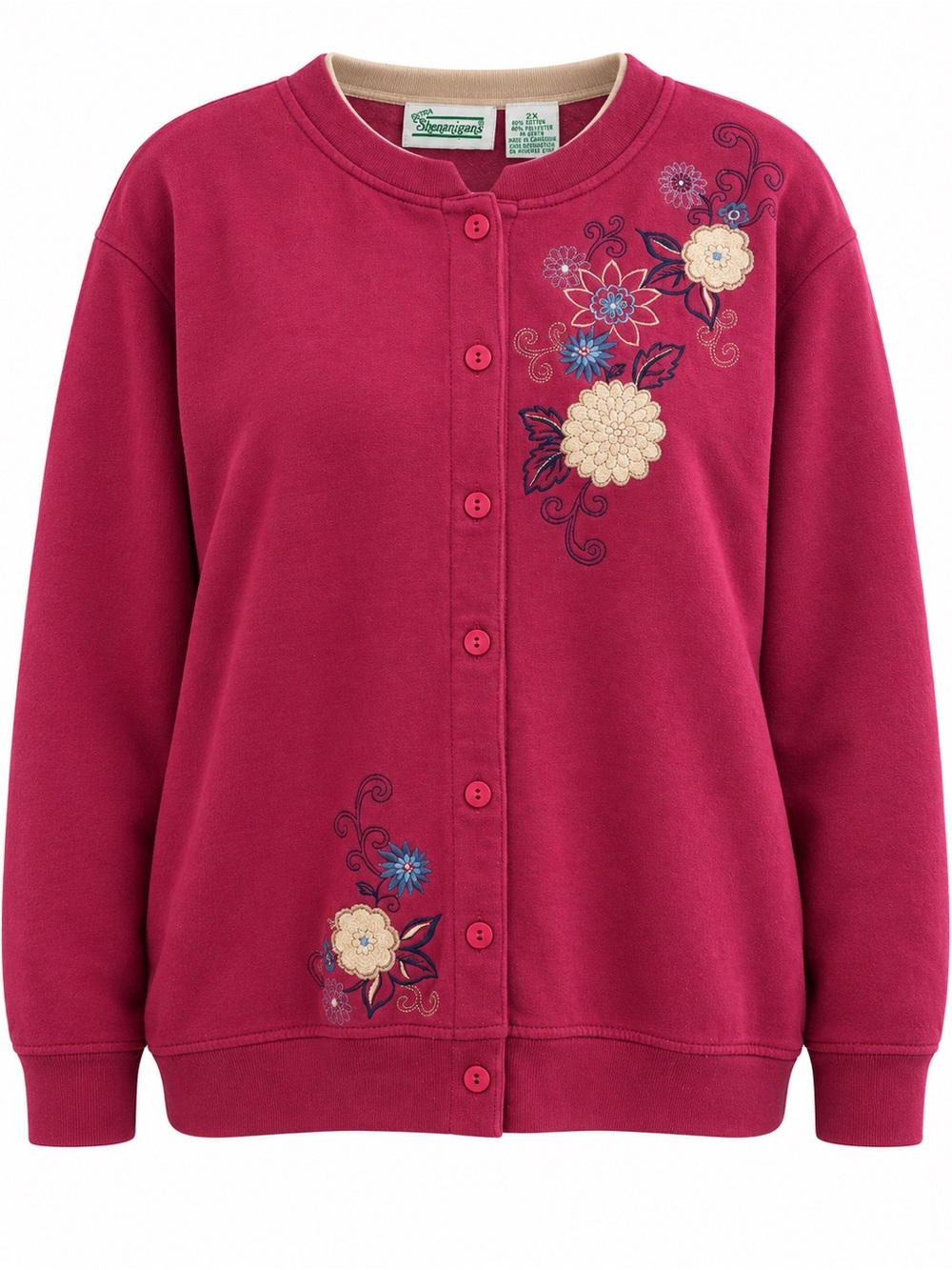 90s Vintage Extra Shenanigans Pink Floral Embroidered Cardigan Sweatshirt 2Xs